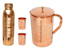 Copper Water Pitcher Jug Brass Knob 1500ML Drinking Bottle Tumbler Glass... - £47.19 GBP
