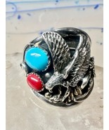 Eagle ring turquoise coral Navajo size 13.50 signed A sterling silver men - $4,297.59 MXN