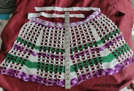 Vintage Handmade Crochet Half Apron Purple Green Farmhouse Ribbon Waist - $23.38