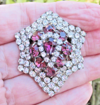 Modernist Vintage Amethyst &amp; Crystal Rhinestone High Profile Brooch Pin - $17.81