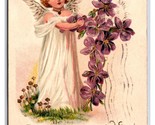 Angel and Violet Flowers A Happy Eastertide Embossed DB Postcard S6 - $3.51