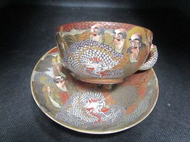 Dainippon Satsuma ware Naruo cup and saucer depicting a warlord and his ... - $227.70