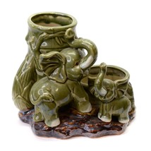 Elephants &amp; Baby Planter Vase Ceramic Bamboo Green Glazed Trunk Up Large Vintage - £35.13 GBP