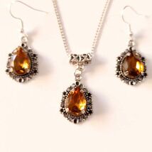Victorian brown Silver jewelry set cognac brown set necklace earrings Vi... - €45,04 EUR