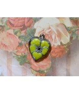 Vintage Sterling silver enameled puffy heart charm- CHARTREUSE pansy - $29.00