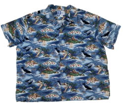 RJC Hawaiian Shirt Mens 4XL Blue Frolicking Dolphins Aloha Outrigger Palm Hut - £21.48 GBP