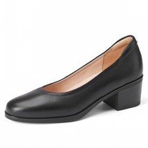 Med Square High Heels Women New Real Cow Leather Spring Round Toe Girl Black Wor - £77.08 GBP