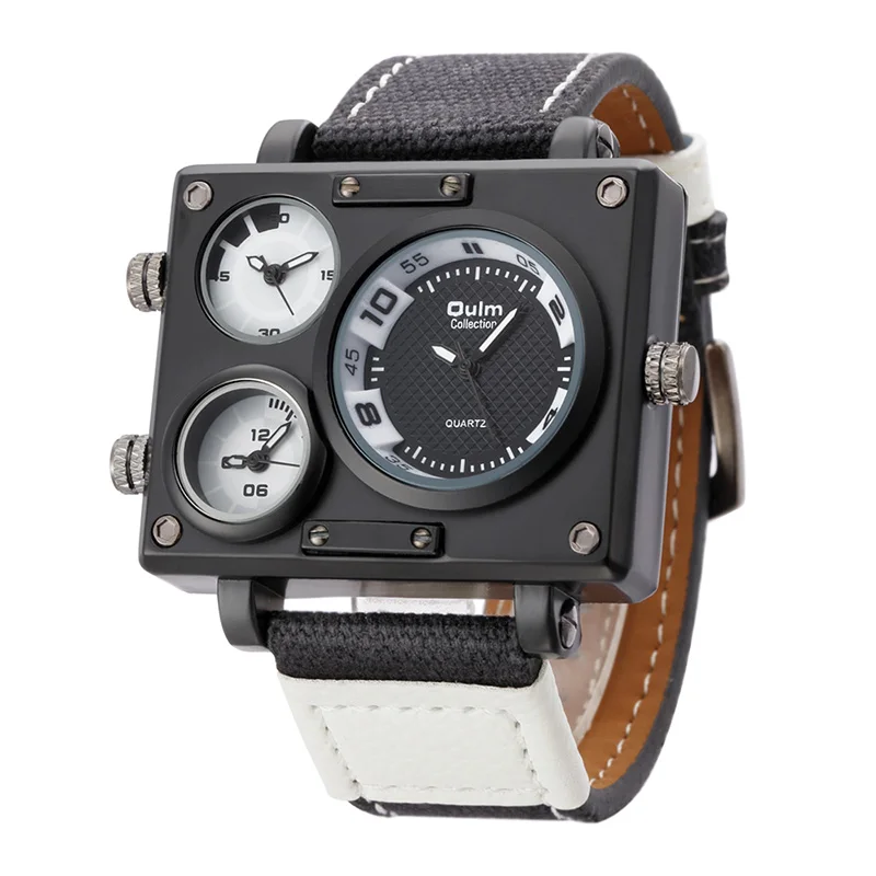 Watch Men&#39;s    Oulm 3595 Unique Designer  Men Fashion Square Big Face 3 Time Zon - $62.68