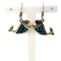 Vtg Signed Sterling Mexico Inlay Chip Turquoise Fish Shape Dangle Hook Earrings - £38.76 GBP