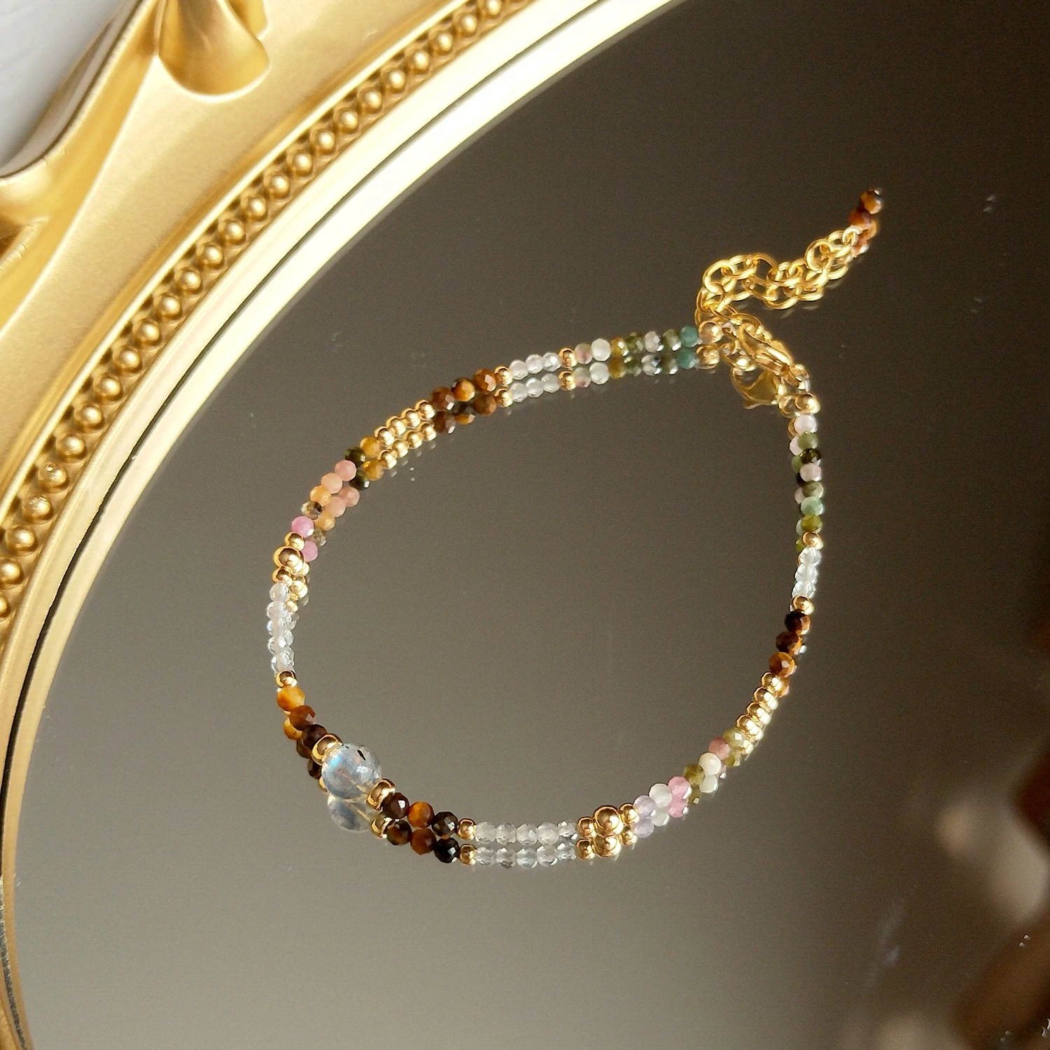 Labradorite Tourmaline Tiger Eye 14K Gold Filled Bracelet 17+3cm Fashion Fine Br - $55.90