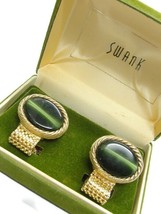 Swank Cufflinks Mesh Set Green Cabochon Gold Tone Wedding Tux Vintage IOB - £38.65 GBP