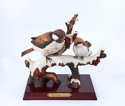 De Capoli Collection Porcelain &quot;Two Birds on a Tree&quot; Winter Scene Wood Base Vtg - £42.45 GBP