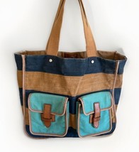 Fossil Shay Blue &amp; Tan Stripe Turquoise Pocket Shopper Tote Canvas Bag - £36.74 GBP