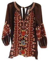 $215 NWT Johnny Was Embroidered Peasant Top XSMALL Brown 100% Silk Colorful - £104.47 GBP