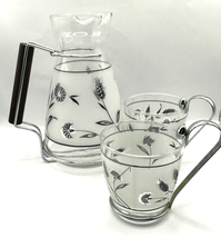 Libbey Pitcher Two Glasses Frosted Silver Leaf Teak Handle 1950&#39;s Mid-Century - £34.81 GBP