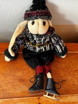 Handmade Cream Sock Bunny Rabbit in Black Knit Sweater &amp; Wool Pants w Ice Skates - £10.46 GBP