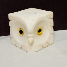 Salt Stone Vintage White Owl  Head Square 2&quot; Yellow Eyes Bird Figurine - £19.16 GBP