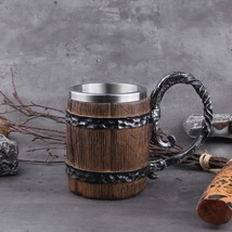 Viking Coffee Beer Mugs Cup Stainless Steel Resin Kitchen Bar Wooden Barrel Gift - £24.07 GBP