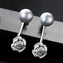 Rose Stud Earrings 925 Silver Freshwater Pearl Dual-Use Romantic Flower Eardrop  - £24.47 GBP