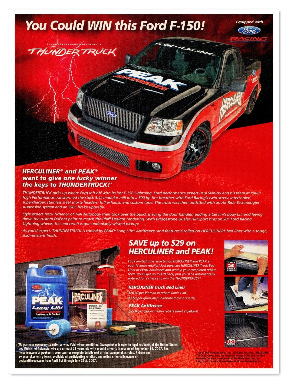 Ford F-150 Thundertruck Sweepstakes PEAK HERCULINER 2007 Print Magazine Ad - $9.70