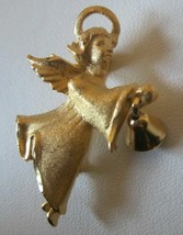 Angel Pin Brooch Bell Signed USA RR Robyn Rush Bell Moves Vintage Brushed Gold - £7.90 GBP