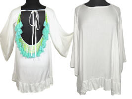 Sundress Brand White Ruffled Beaded Tasseled Backless Boho Mini Dress Si... - $75.00