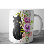 Black Cat Mug, Pet Coffee Mugs, Floral Cat Mug, Cute Cat Mug, Cat Coffee... - £13.42 GBP