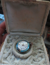 Antique Swiss Argent Dore Guilloche Enamel Blue Case Pocket Watch women&#39;s 25mm - £36.46 GBP