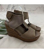 Eileen Fisher Wedge Sandals Size 10 Taupe Gray Faux Leather T-Strap Mesh... - $42.56