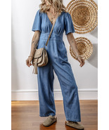 Ashleigh Blue V Neck Short Sleeve Smocked Back Denim Loose Jumpsuit - $43.40
