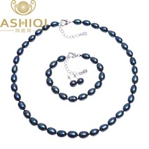 Genuine Natural Black Freshwater  Jewelry sets, Necklace Bracelet Earrings, 925  - £39.06 GBP