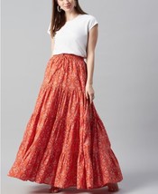 Maxi Skirt Flared hem tiered woven drawstring, Cotton, Orange, Yellow S-3XL - $34.14