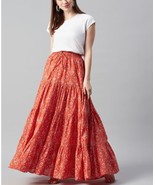 Maxi Skirt Flared hem tiered woven drawstring, Cotton, Orange, Yellow S-3XL - $35.85