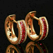 2Ct Simulated Red Ruby & Diamond Huggie Hoop Earrings 14k Yellow Gold Plated - £66.14 GBP