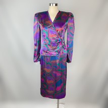 Vtg 1980s Silk Skirt Suit Double Breasted Tye Dye Pink Purple Teal Knee Length - £57.50 GBP
