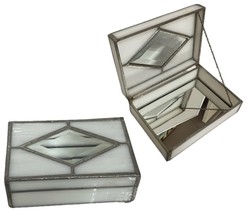 Vintage Diamond White Stained Glass Mirror Jewelry Box Hinged Lid 6.5”x4.5” EUC - £21.77 GBP