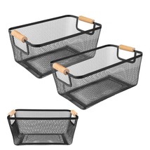 2Pack Metal Mesh Steel Basket With Bamboo Handle - Wire Metal Basket For Kitchen - £44.11 GBP