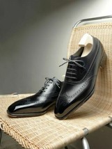 Handmade Men&#39;s Black Genuine Cowhide Leather Wingtip Chiseled Toe Oxford Shoes - £102.63 GBP+