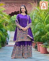 Royal Purple Regalia: Pure Chinnon Silk Top-Sharara Set with Sequence Work - $60.00