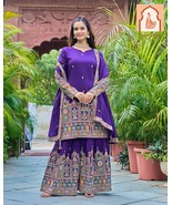 Royal Purple Regalia: Pure Chinnon Silk Top-Sharara Set with Sequence Work - $84.11 CAD
