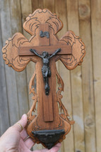 ⭐ antique French crucifix ,holy water font carved wood,19 th century ⭐ - £43.52 GBP