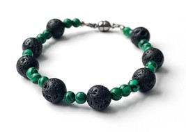 Malachite &amp; Black Lava Bracelet,  Malachite Bracelet with Lava Rock, Malachite B - £20.33 GBP