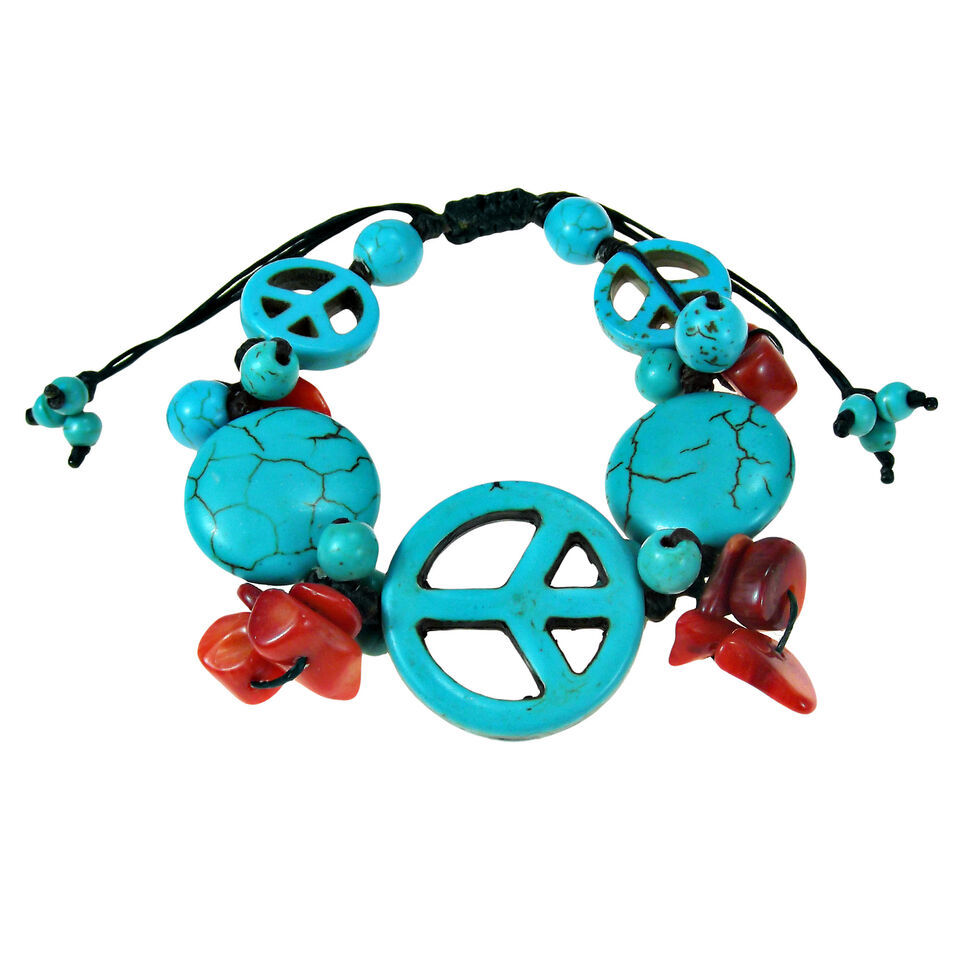 Vintage Peace Symbol Blue Turquoise & Red Coral Pull String Bracelet - $9.79