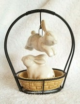 Pottery Barn Jumping Bunny Salt &amp; Pepper Shakers With Basket Caddy - £23.53 GBP