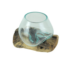 Blown Molten Glass On Teak Driftwood Decorative Bowl Mini Terrarium - £31.57 GBP