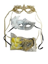 Set of 3 Decorative Masquerade Masks – Gold, Silver & Floral Accents – Lace & Ri - $317.59 MXN