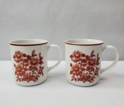 Vintage Coffee Mug Fine China Japan Red Orange Flowers 8 oz Set of 2 Mid Century - £18.74 GBP