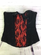 Playful Promises Womens M Black Red Lace Trim Satin Boned Retro Tie Back Corset - £27.65 GBP