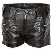 Black Button Closure Leather Gym  Men Short Pants Sports Zipper Soft Lambskin - £78.13 GBP+