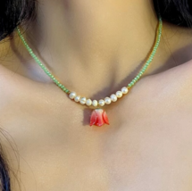 Tulip flower pendant Pearl necklace, Dainty Necklace,Handmade ,beaded ne... - $28.80